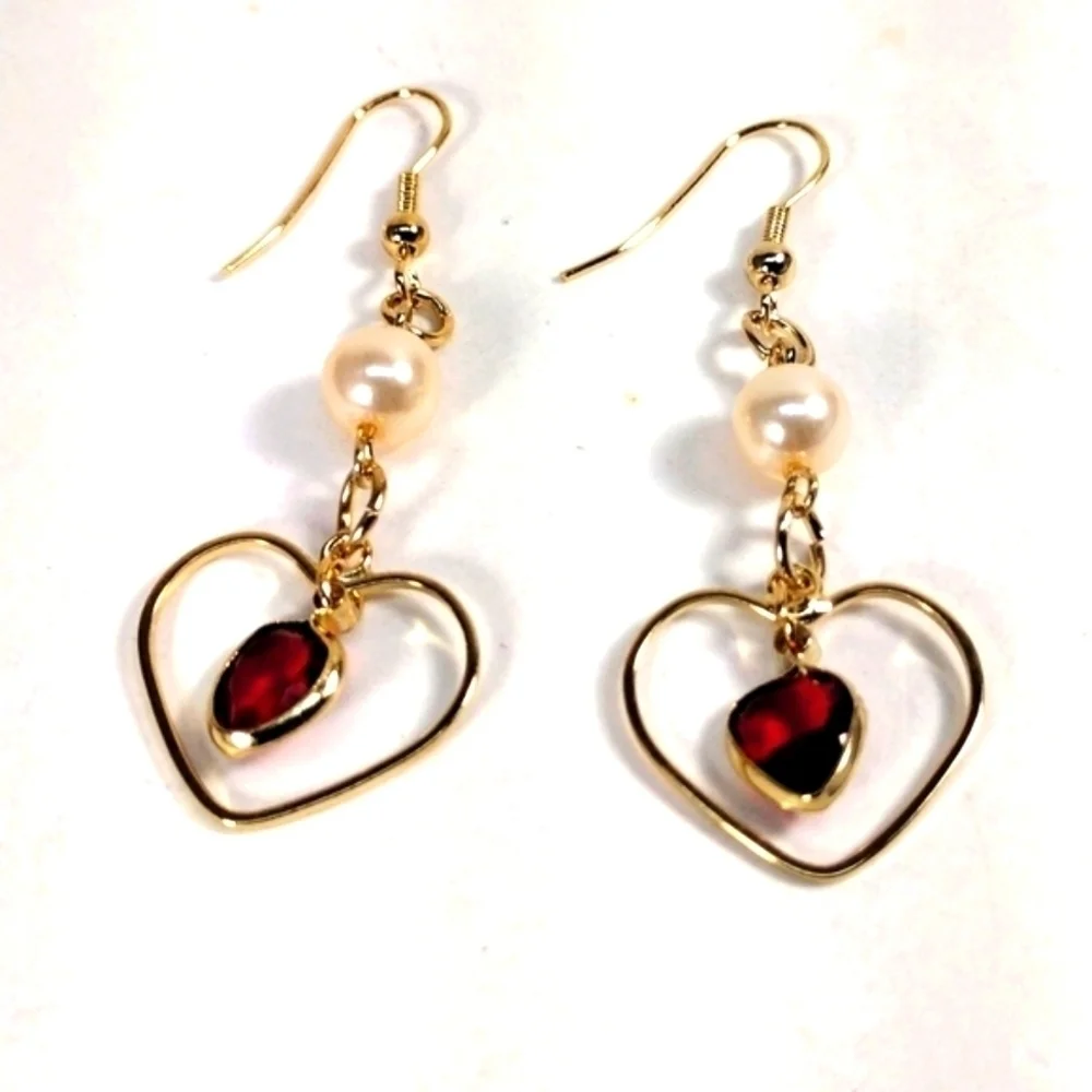 Women's  Gold Red Stone Heart Shape Beaded Earrings, 2.25-in Fashion Jewelry
